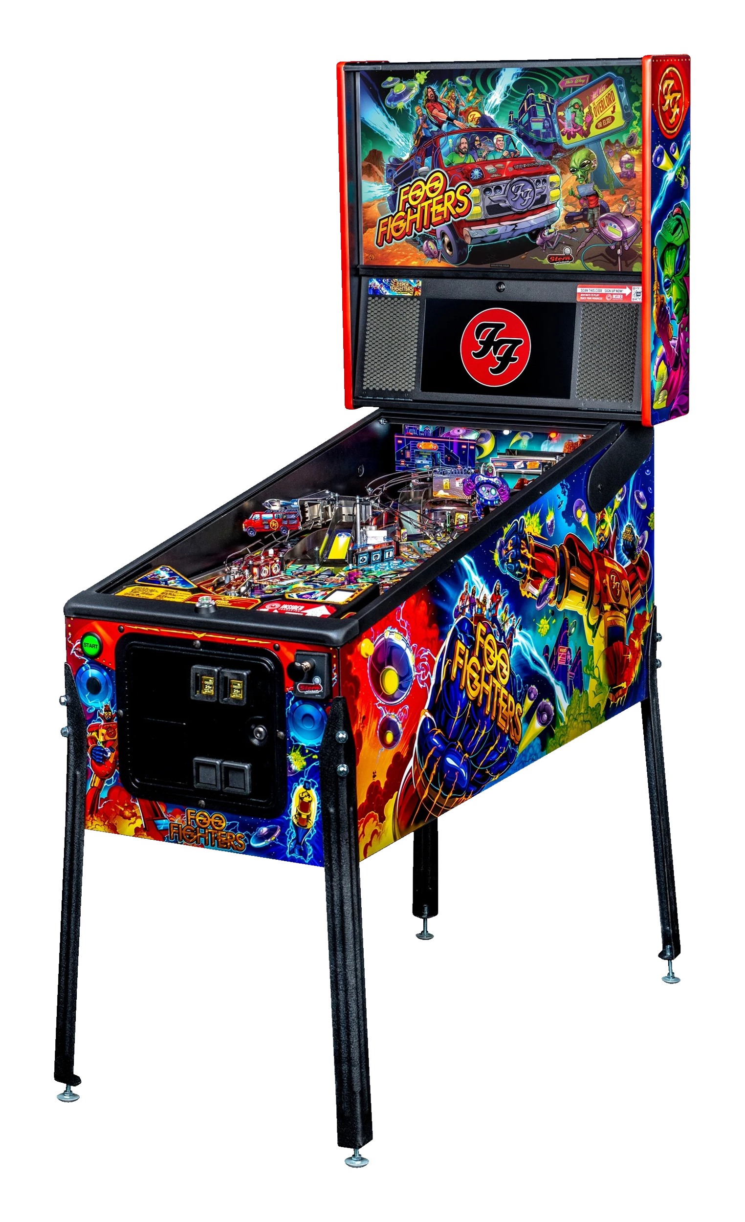 Stern Foo Fighters Pro pinball machine, full cabinet including backbox